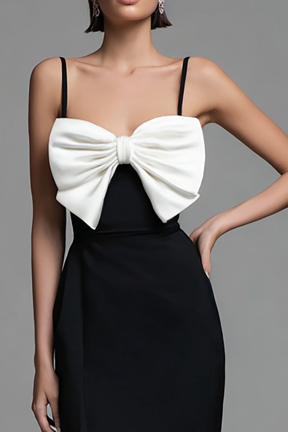 Black and White Bow Sheath Spaghetti Straps Long Formal Dress with Slit