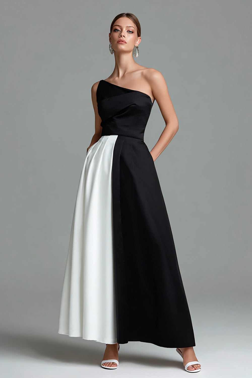 Black and White Patchwork Satin A Line Long Formal Dress