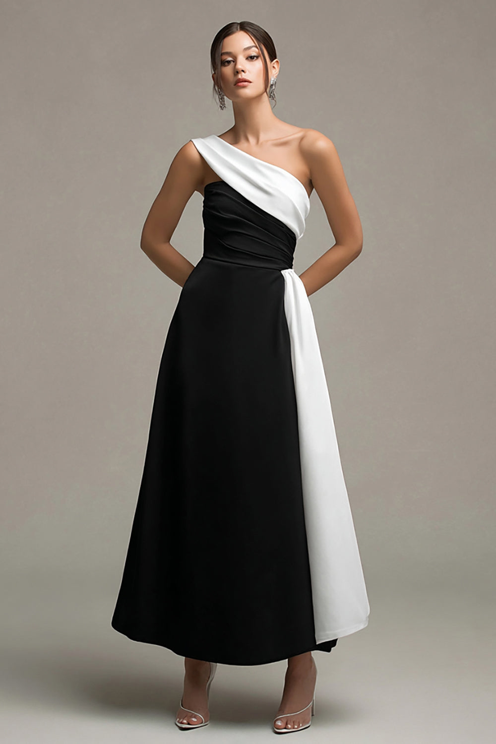 Black and White Satin A Line Long Formal Dress