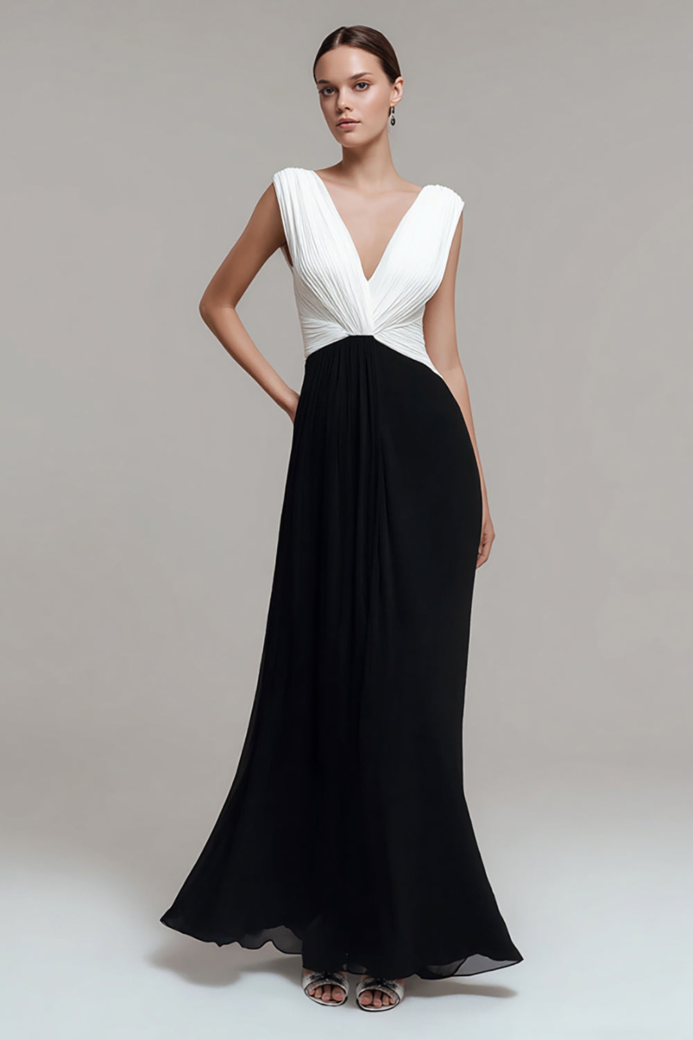 Black and White Chiffon Ruched V Neck Long Formal Dress