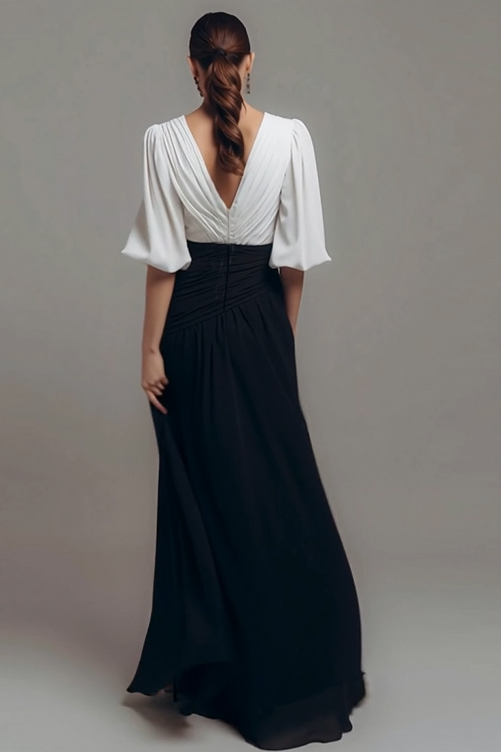 Black and White Chiffon Ruched Long Formal Dress with Sleeves