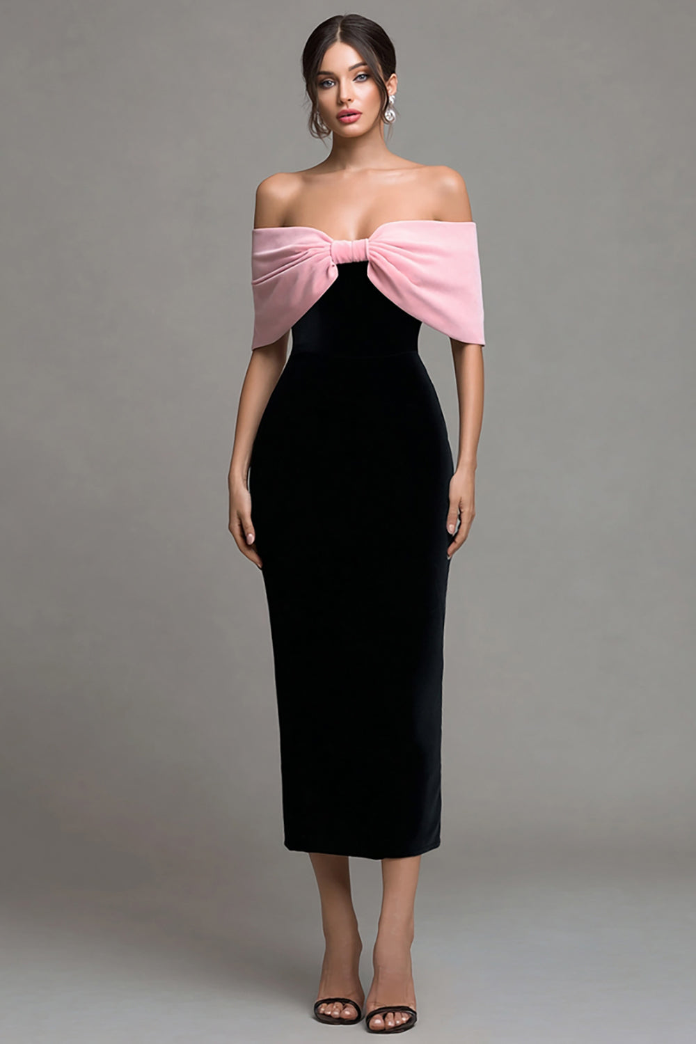 Black and Pink Strapless Velvet Bodycon Maxi Holiday Party Dress with Bow