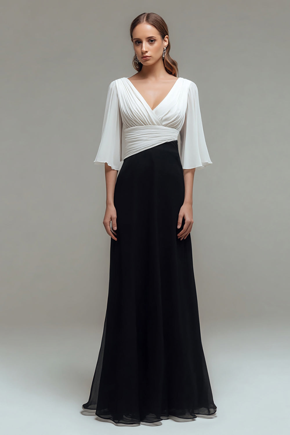 Black and White Ruched Chiffon Maxi Formal Dress with Sleeves