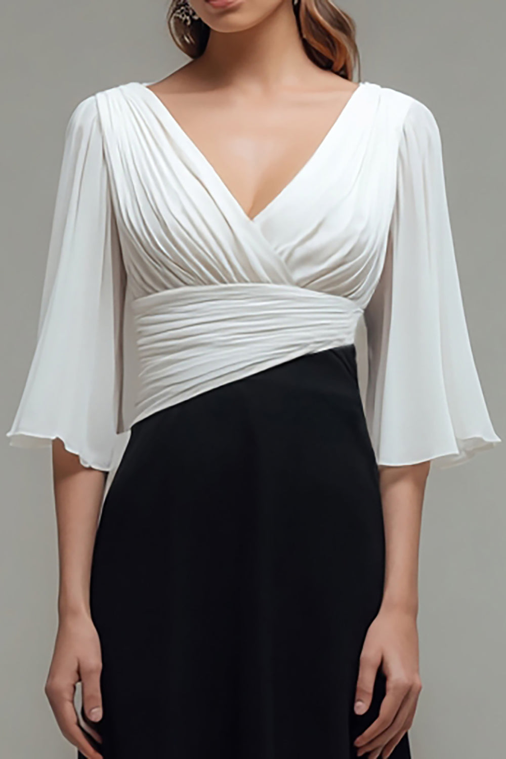 Black and White Ruched Chiffon Maxi Formal Dress with Sleeves