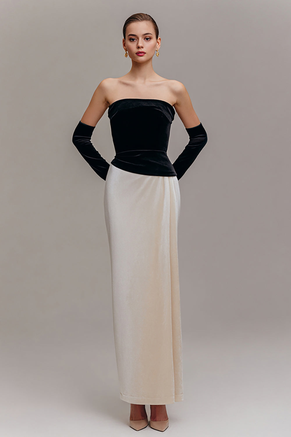Black and Champagne Strapless Sheath Velvet Long Holiday Party Dress
