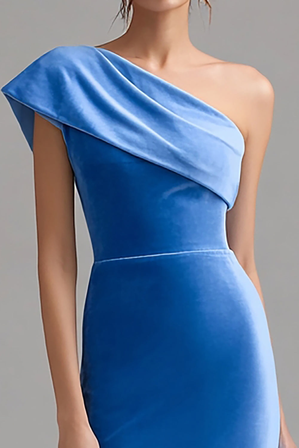 Blue One Shoulder Velvet Bodycon Midi Holiday Party Dress with Slit