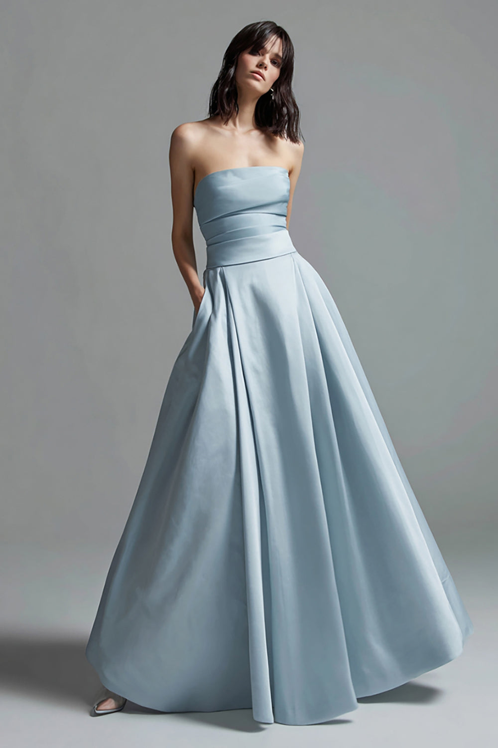 Sky Blue Strapless Satin Ruched A Line Long Formal Dress