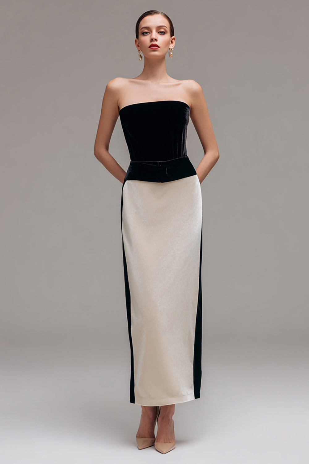 Black and Champagne Patchwork Sheath Long Holiday Party Dress