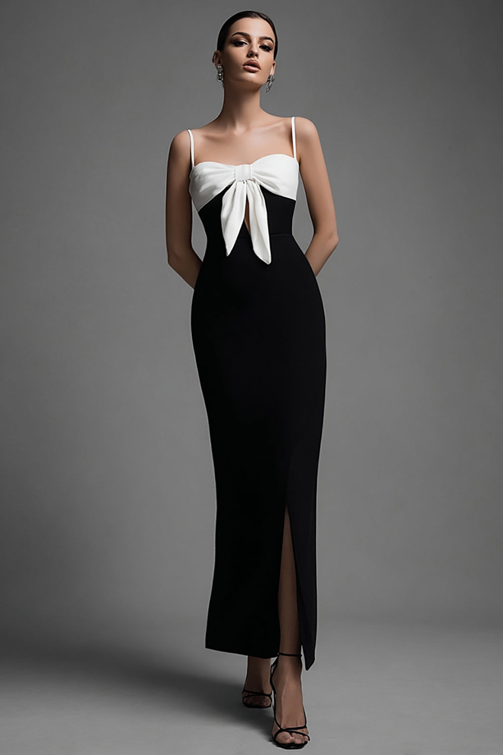 Black and White Bow Spaghetti Straps Sheath Long Formal Dress with Slit