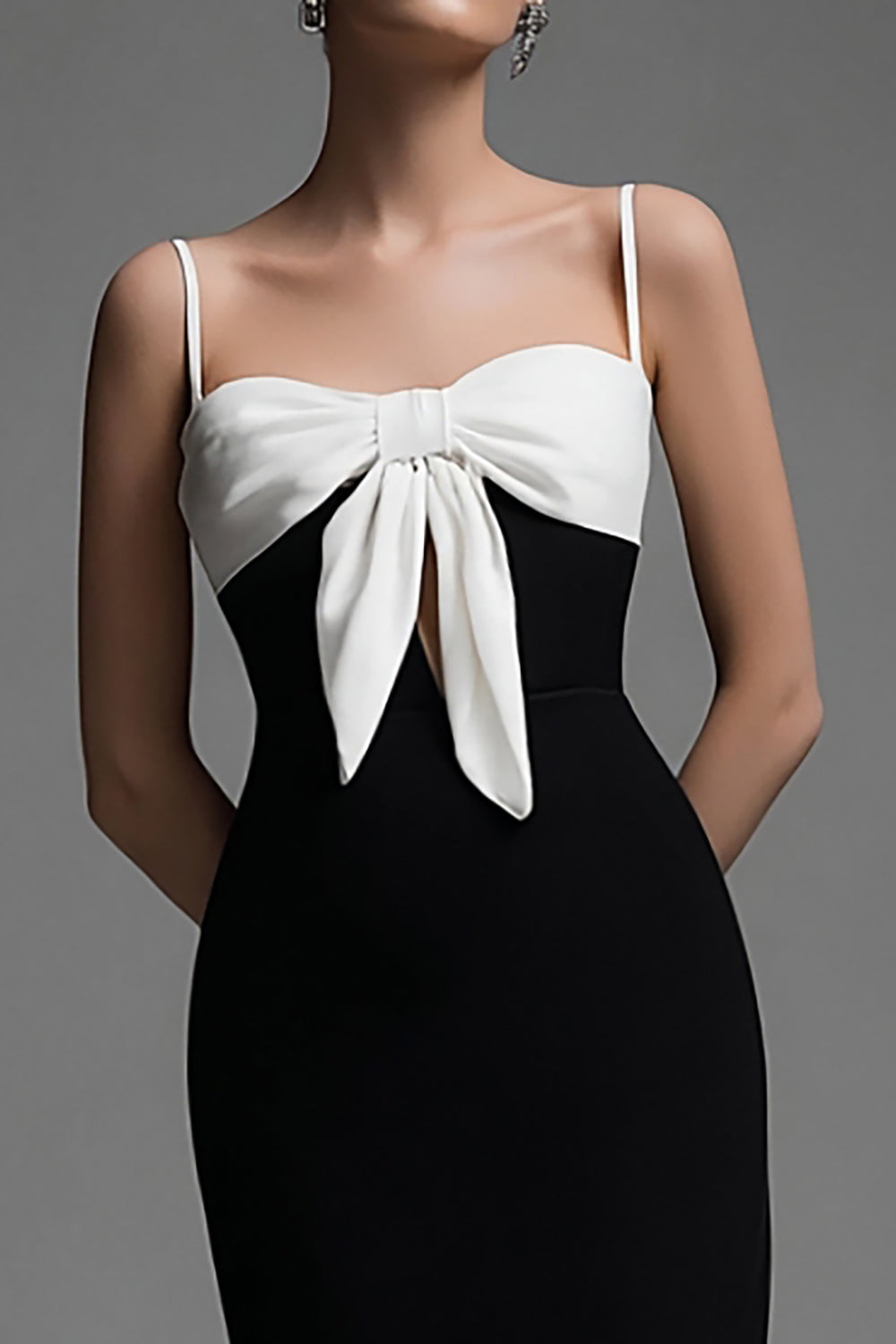 Black and White Bow Spaghetti Straps Sheath Long Formal Dress with Slit