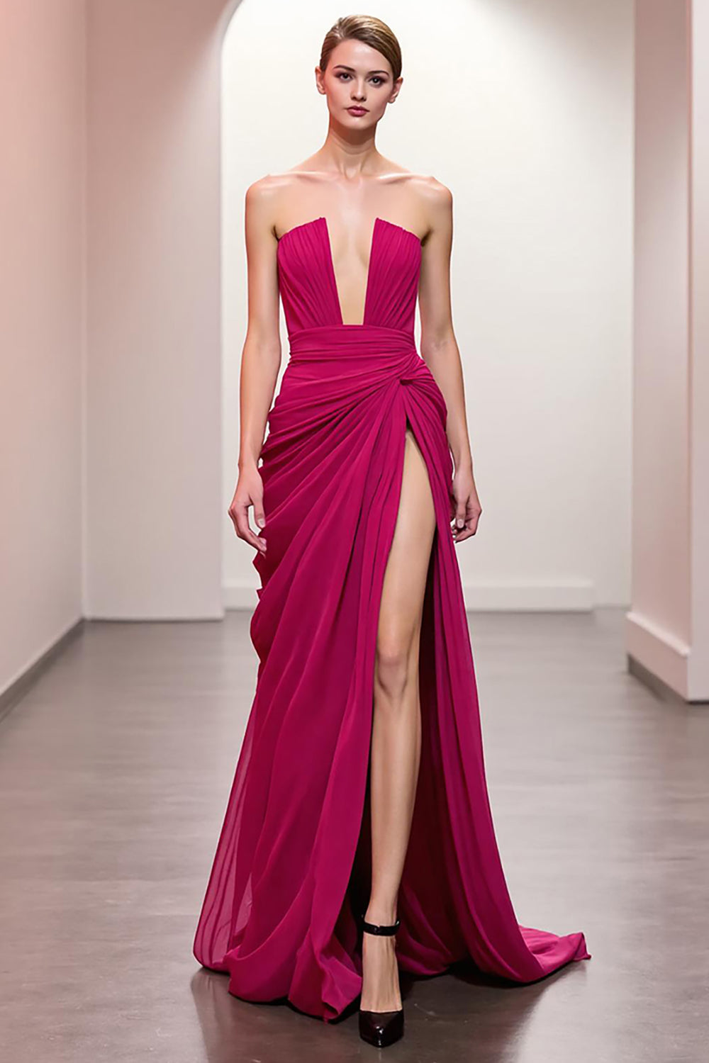 Pink Ruched Strapless Maxi Evening Dress with Slit