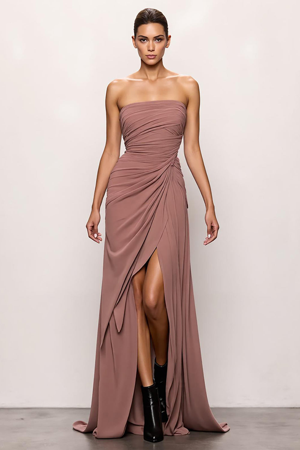 Blush Strapless Ruched Long Backless Evening Dress with Slit