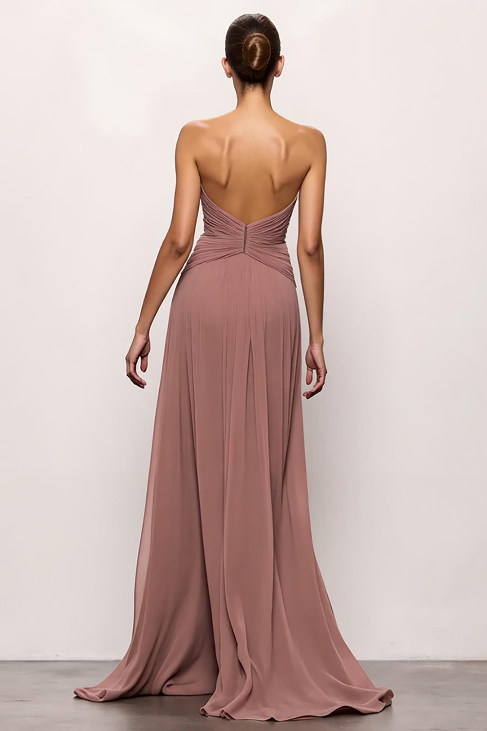 Blush Strapless Ruched Long Backless Evening Dress with Slit