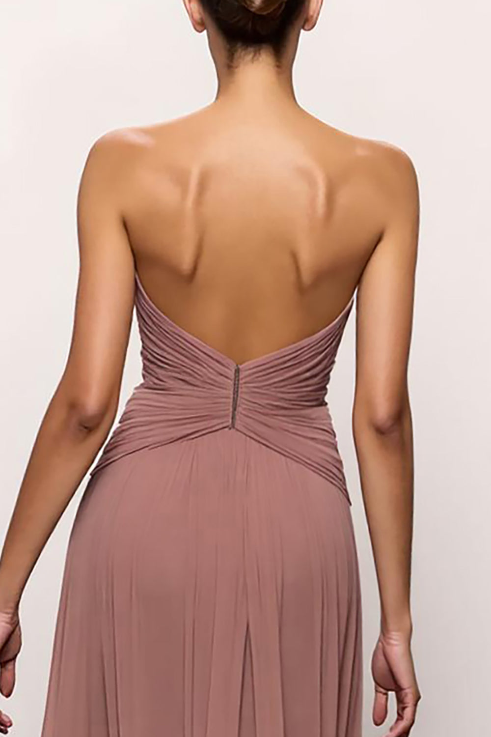 Blush Strapless Ruched Long Backless Evening Dress with Slit
