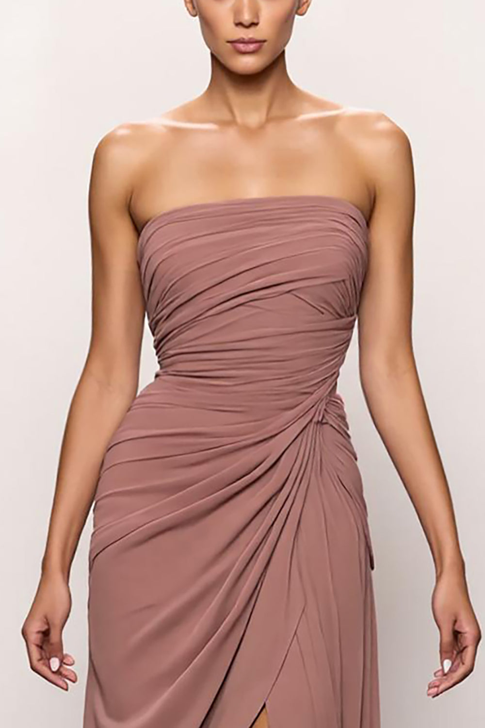 Blush Strapless Ruched Long Backless Evening Dress with Slit