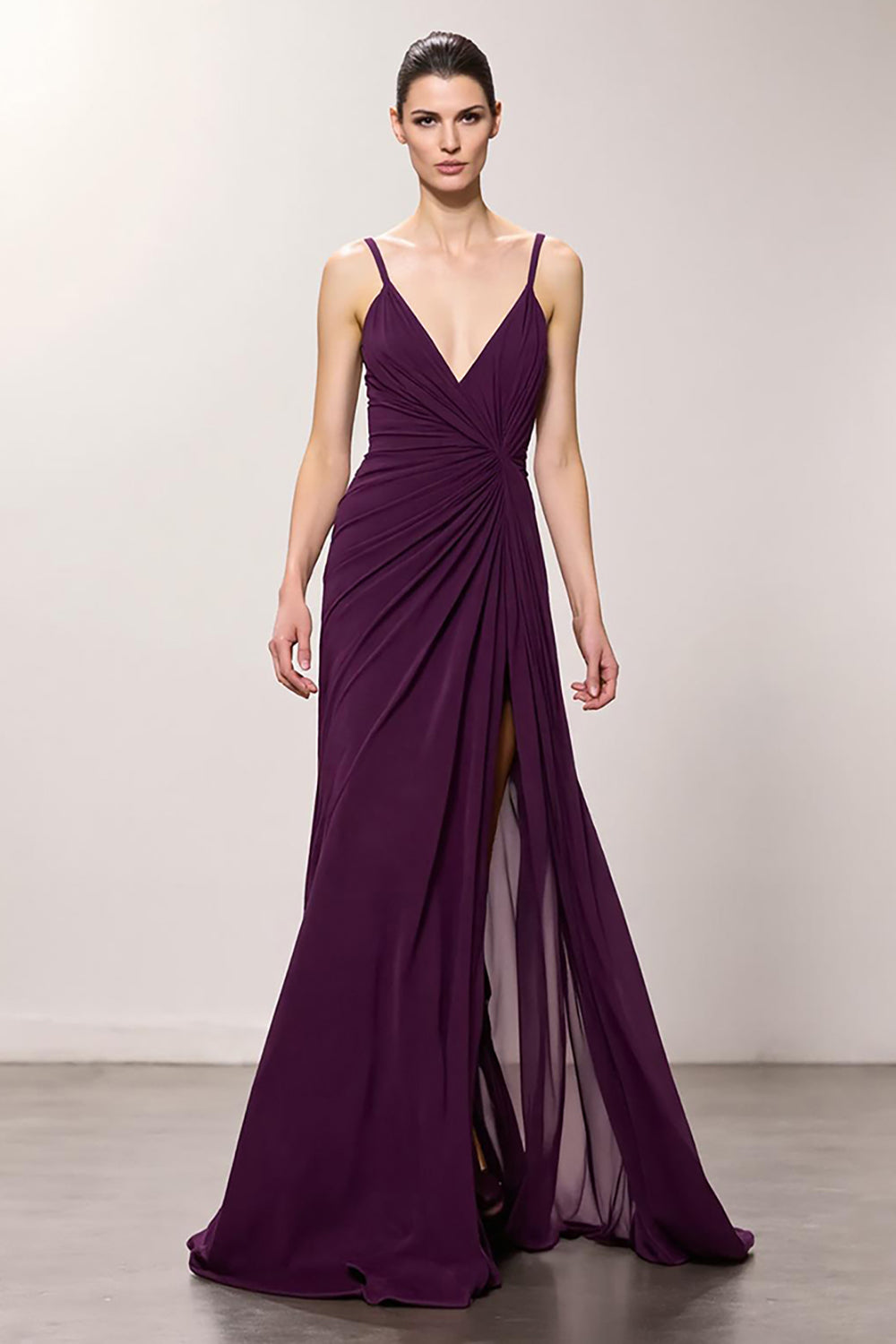 Purple Chiffon A Line Spaghetti Straps Ruched Long Evening Dress with Slit