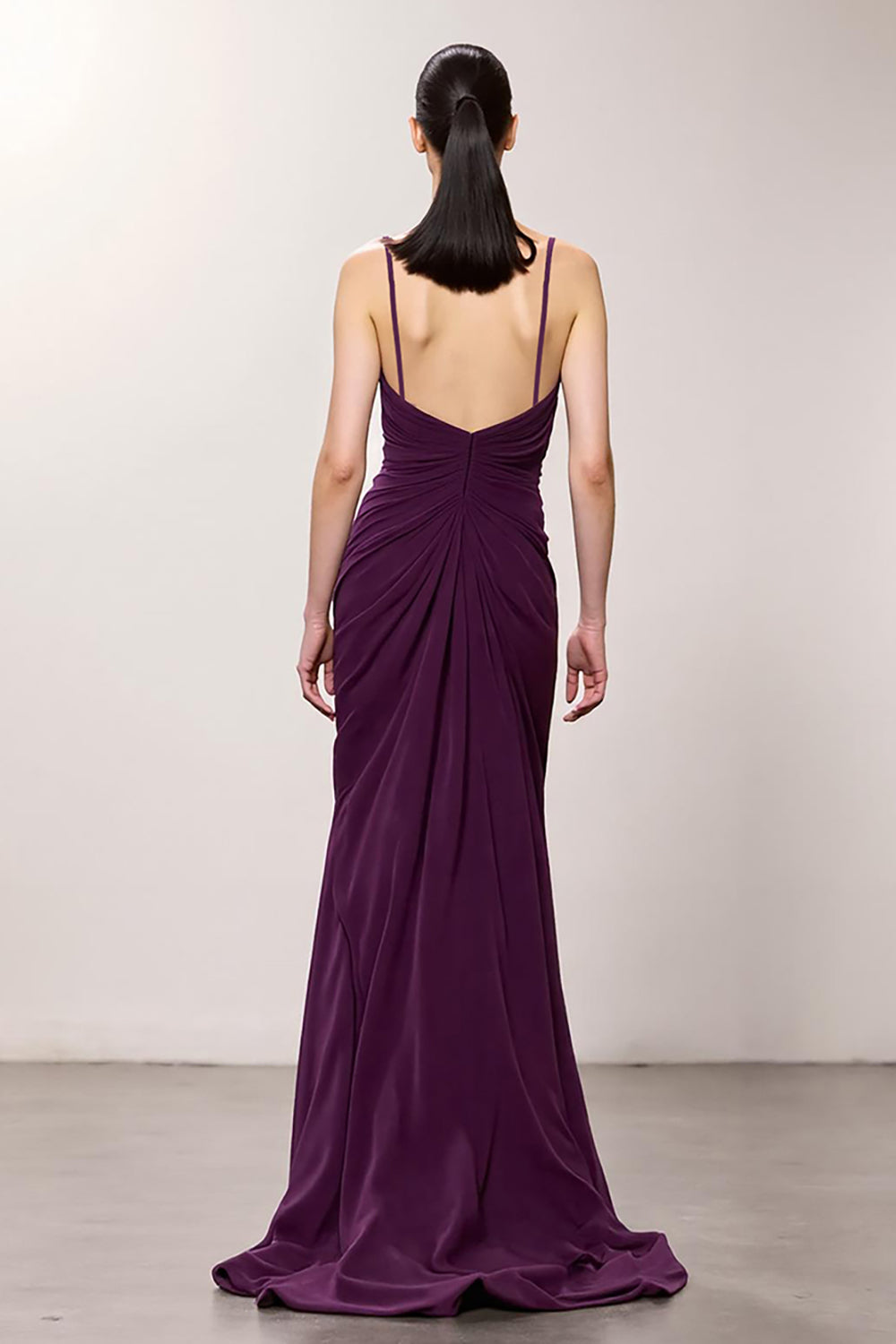 Purple Chiffon A Line Spaghetti Straps Ruched Long Evening Dress with Slit