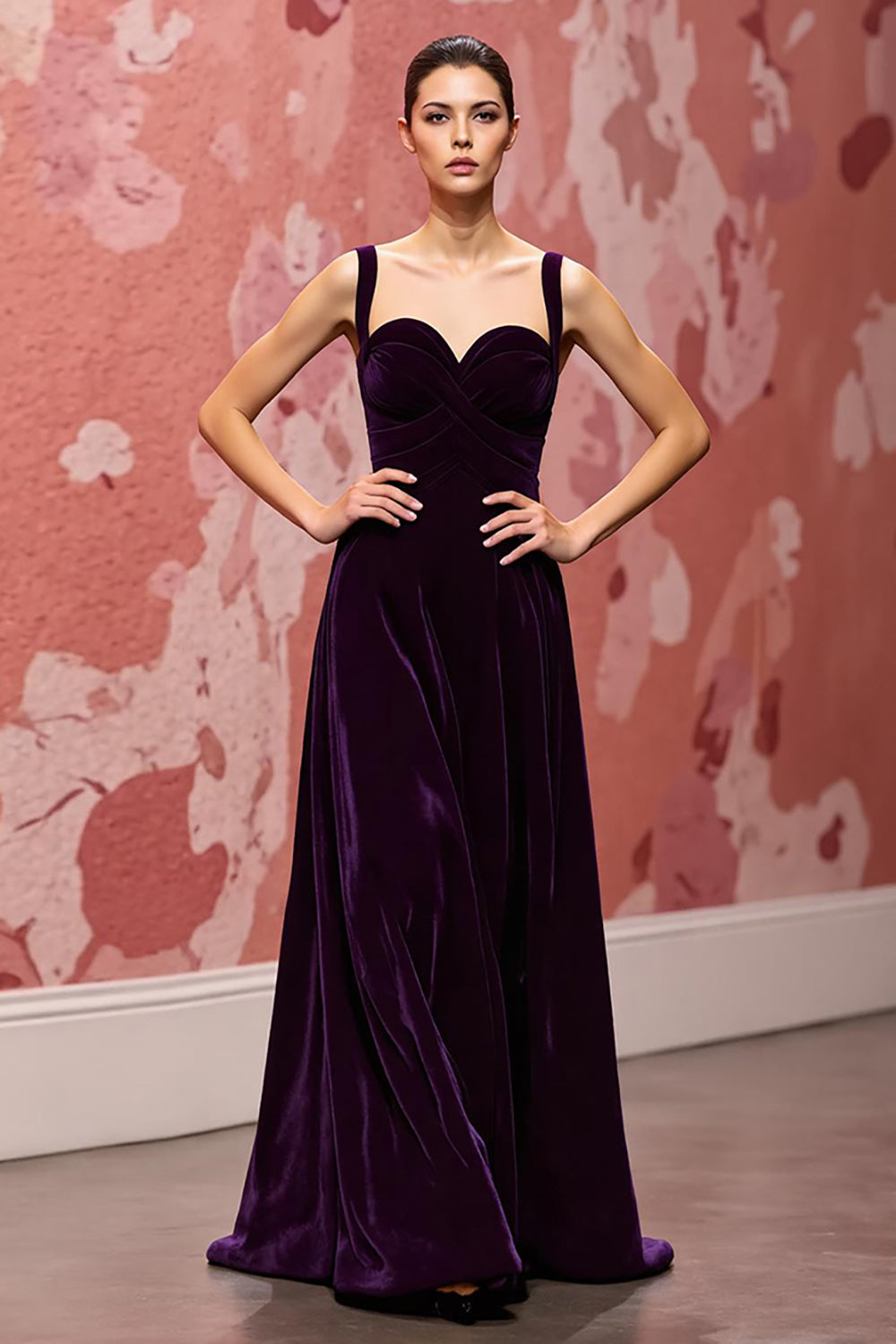 Simple Dark Purple Velvet A Line Long Evening Dress