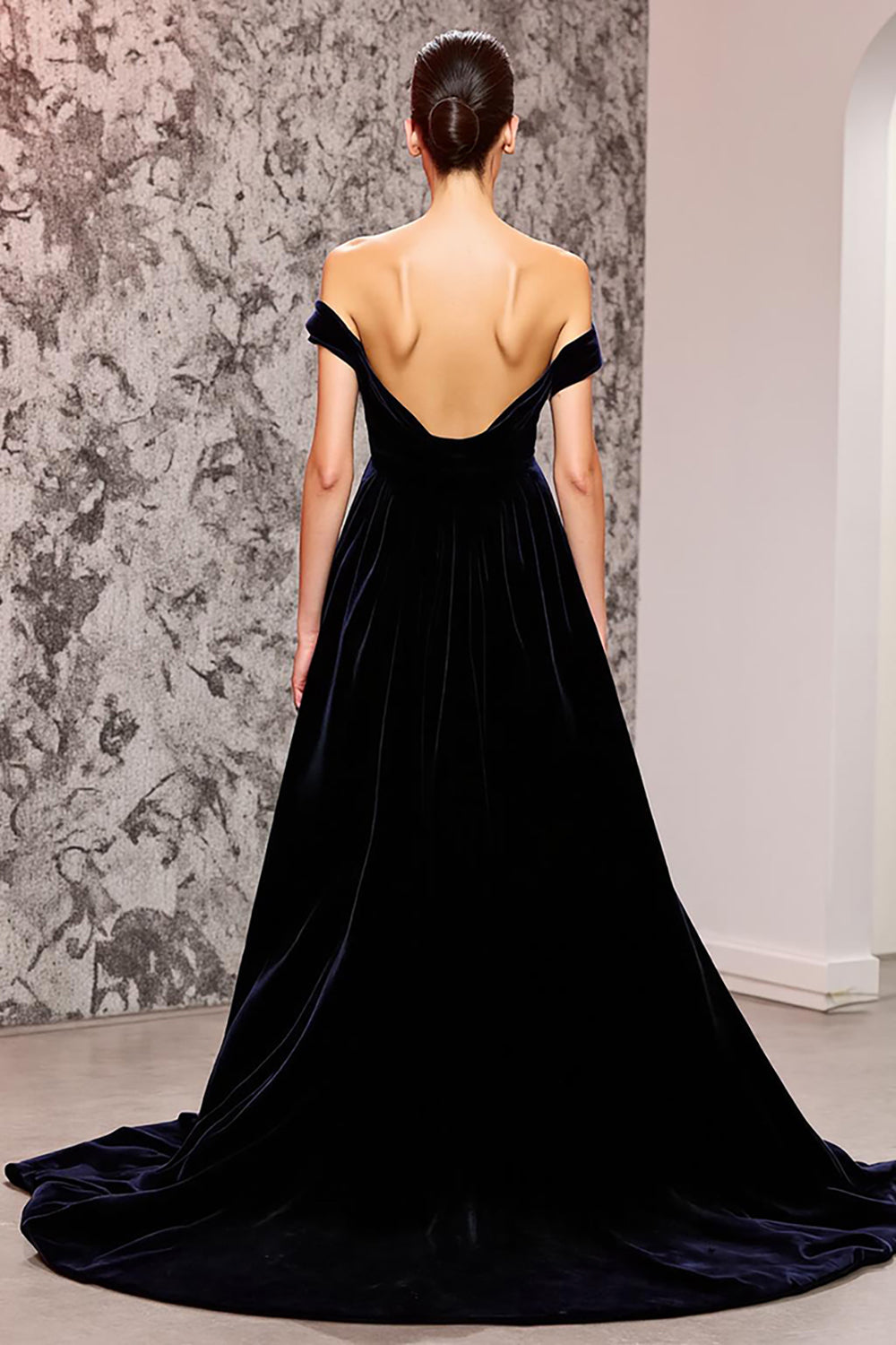 Black Mermaid Velvet Sweep Train Off the Shoulder Evening Dress