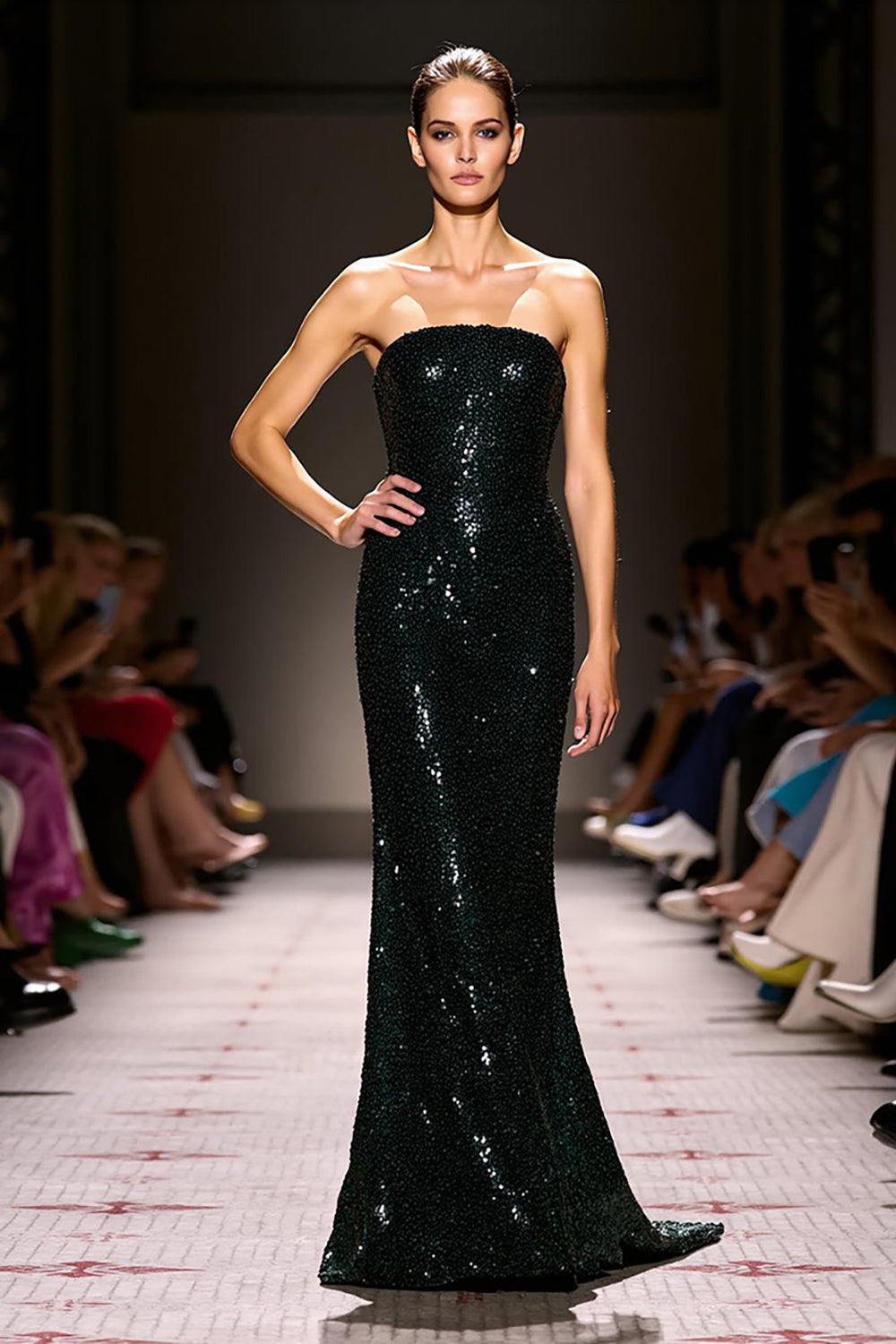 Sparkly Black Strapless Sheath Sequins Maxi Evening Dress