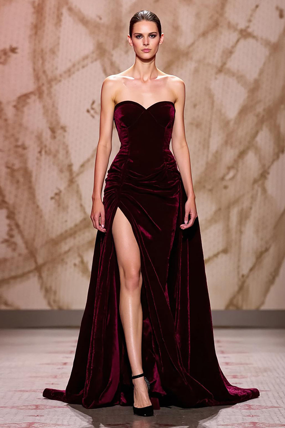 Dark Red Sweetheart Velvet Long Evening Dress with Slit