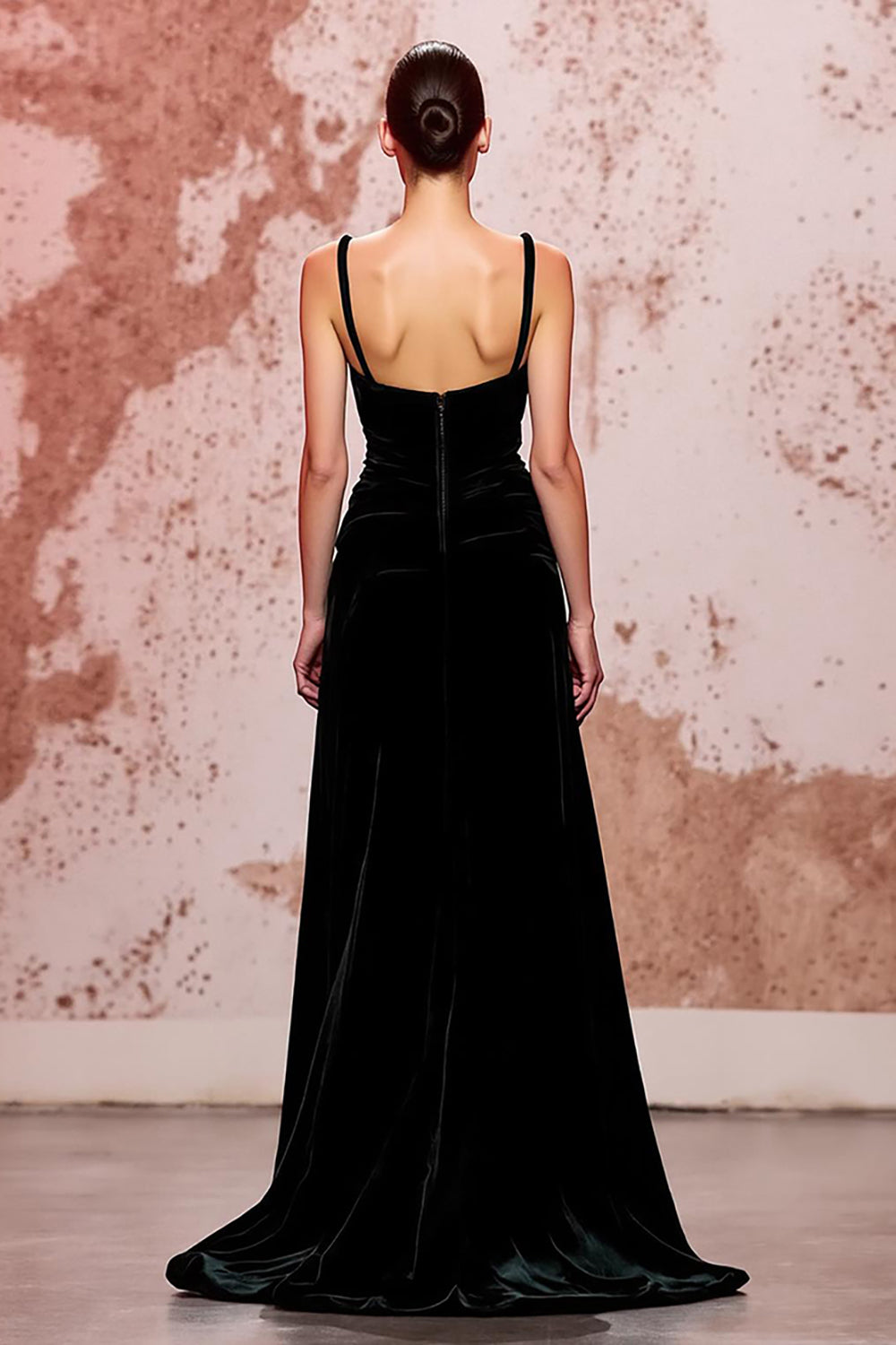 Simple Black Spaghetti Straps Velvet Long Evening Dress