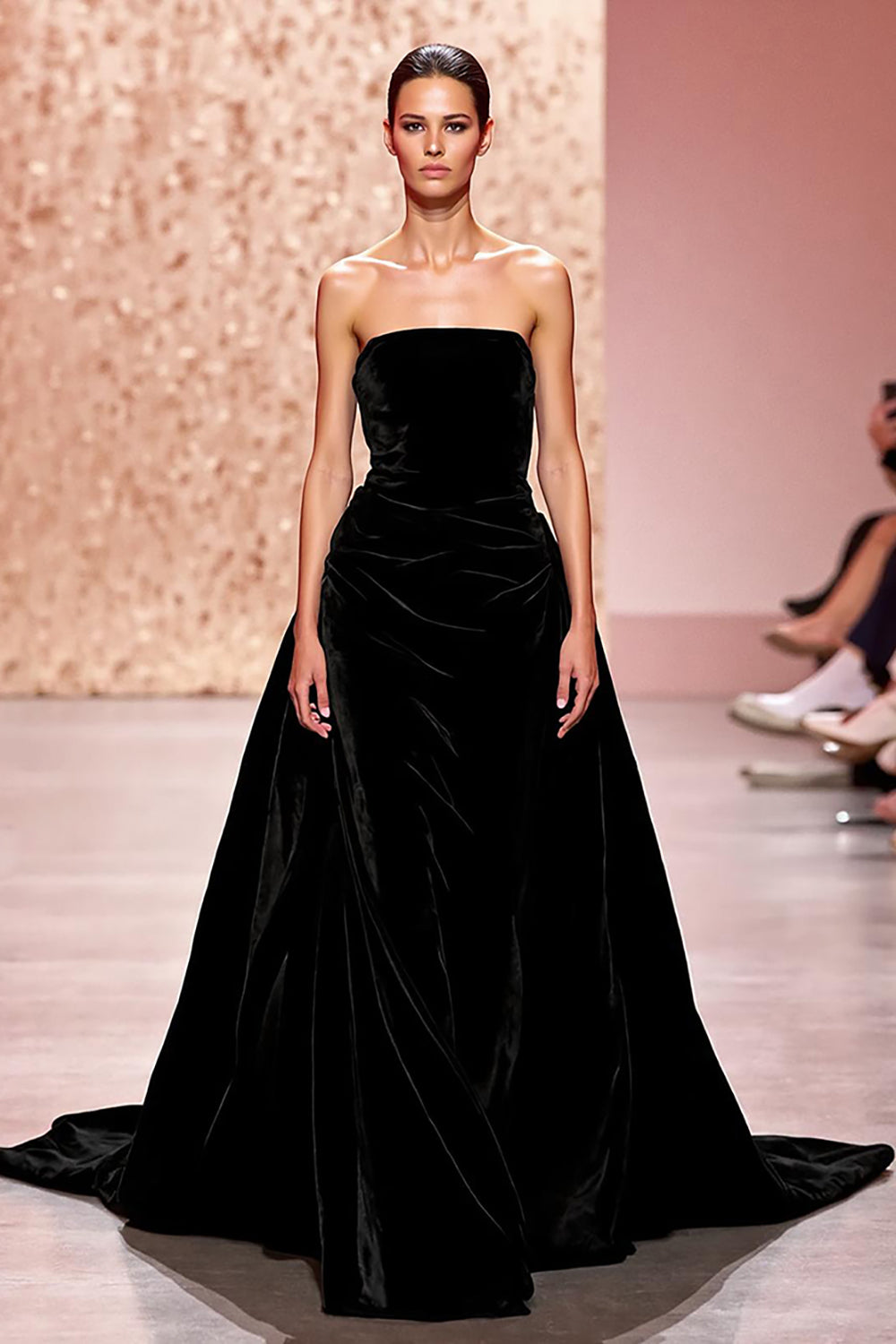 Simple Black Velvet Strapless A Line Long Evening Dress