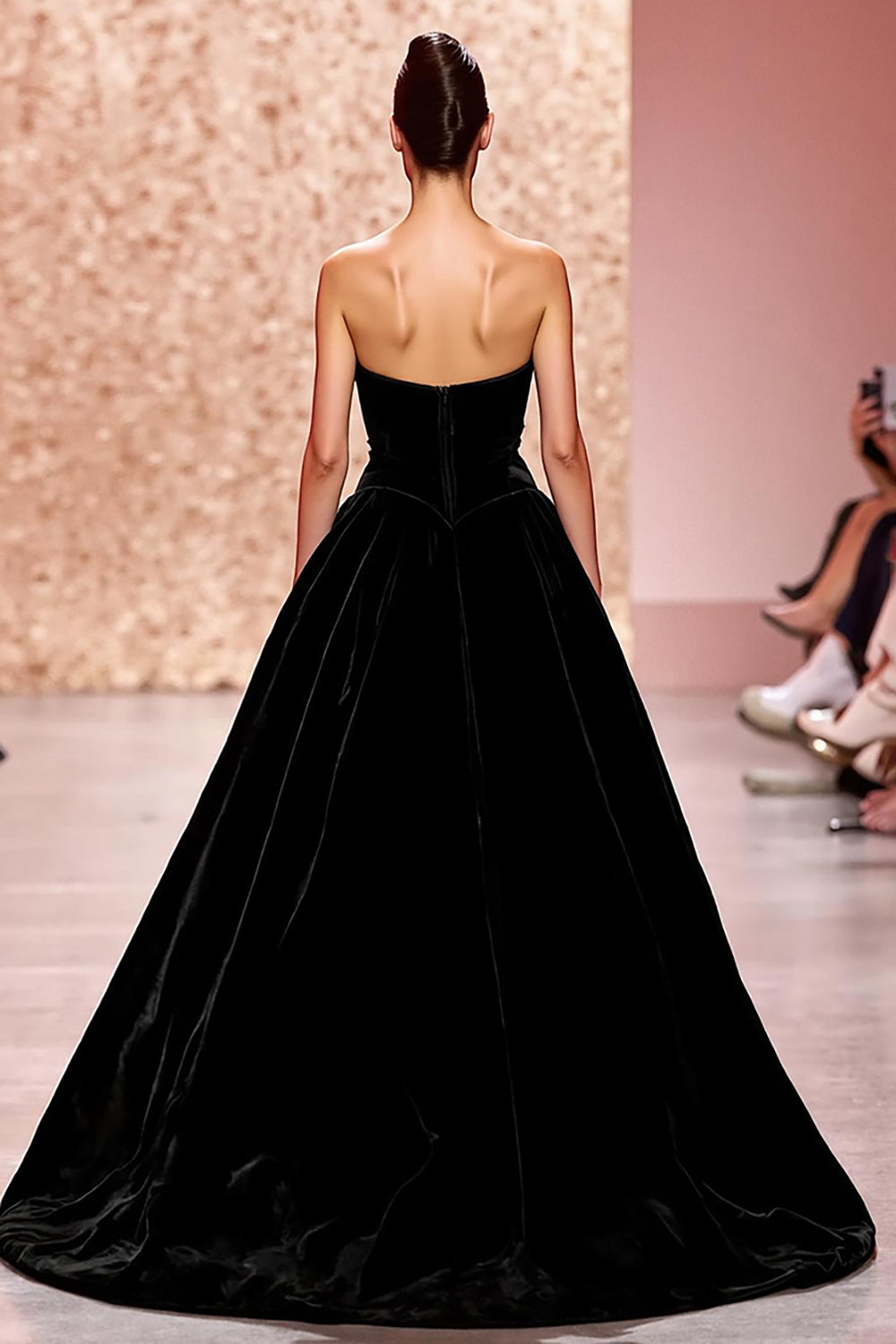 Simple Black Velvet Strapless A Line Long Evening Dress