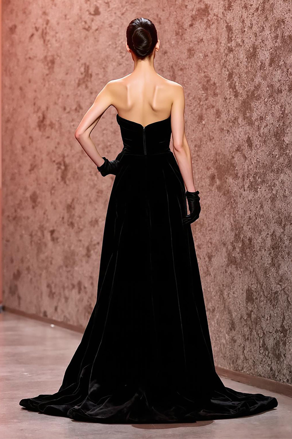 Simple Black Strapless Velvet Long Evening Dress with Slit
