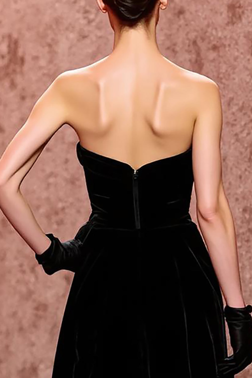 Simple Black Strapless Velvet Long Evening Dress with Slit