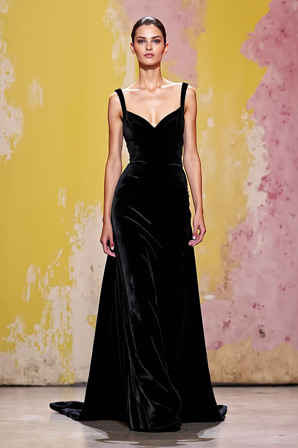 Simple Black Velvet Sheath Long Evening Dress