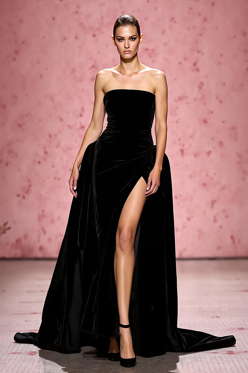 Simple Black Strapless A Line Velvet Long Evening Dress with Slit