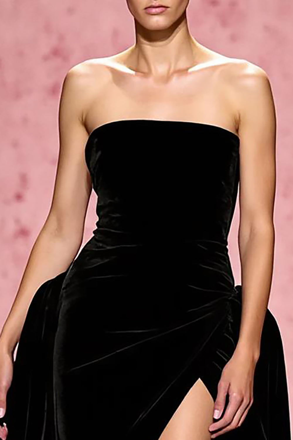 Simple Black Strapless A Line Velvet Long Evening Dress with Slit
