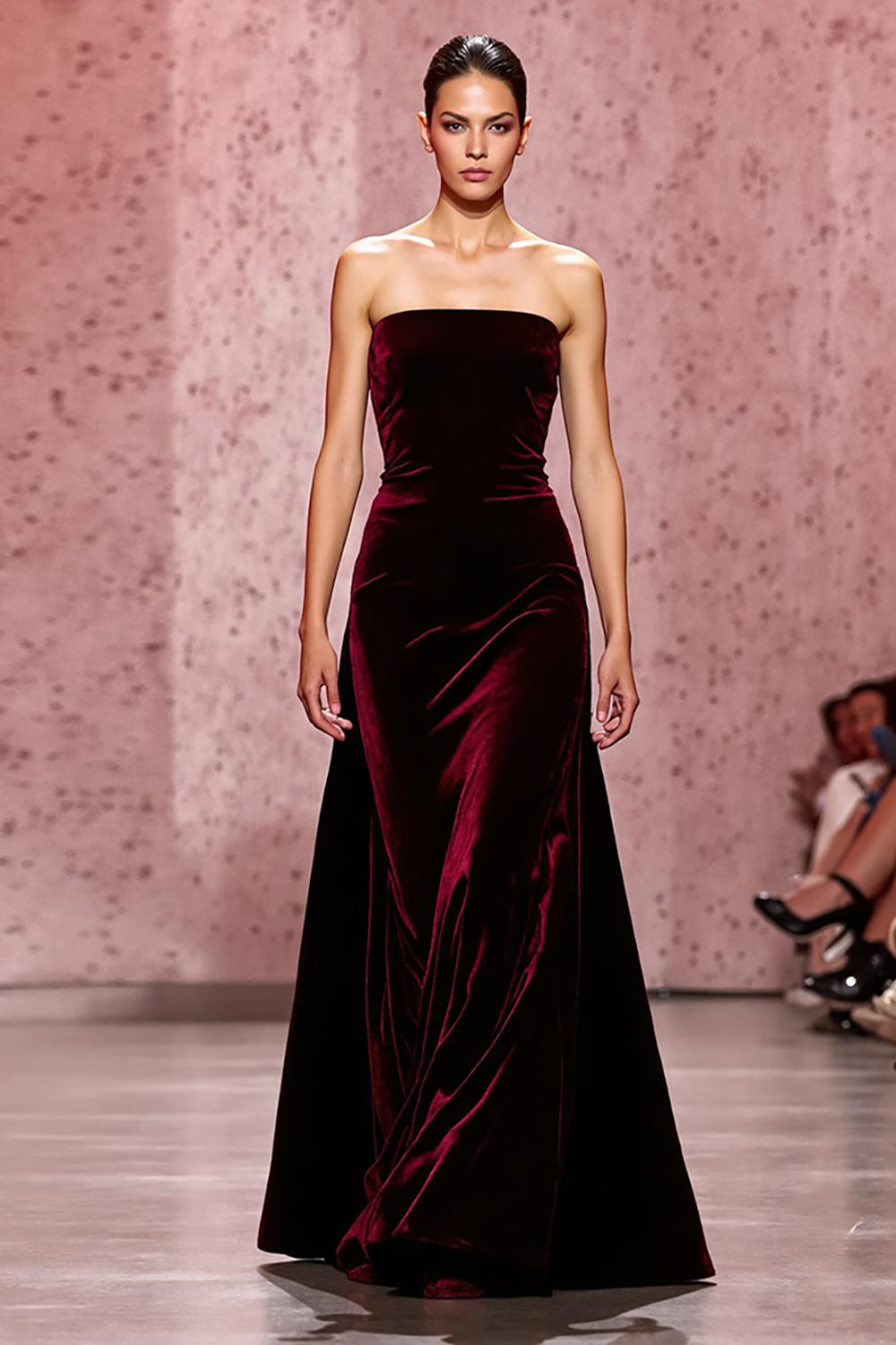 Dark Red Velvet Strapless Sheath Long Evening Dress