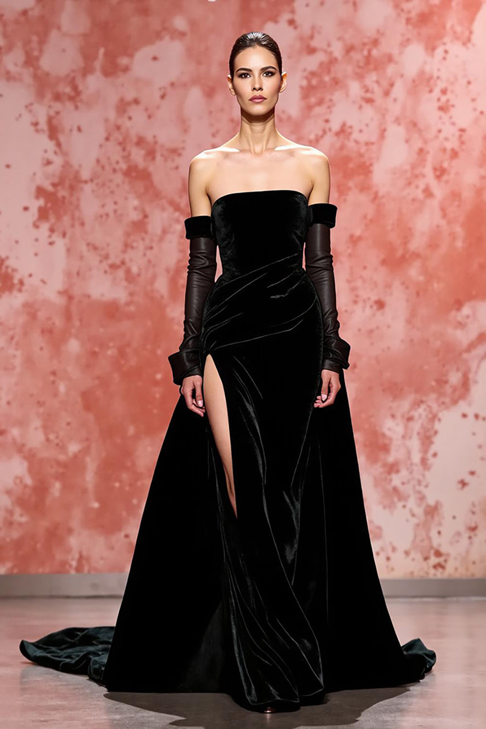 Black Velvet Strapless A Line Long Evening Dress with Slit