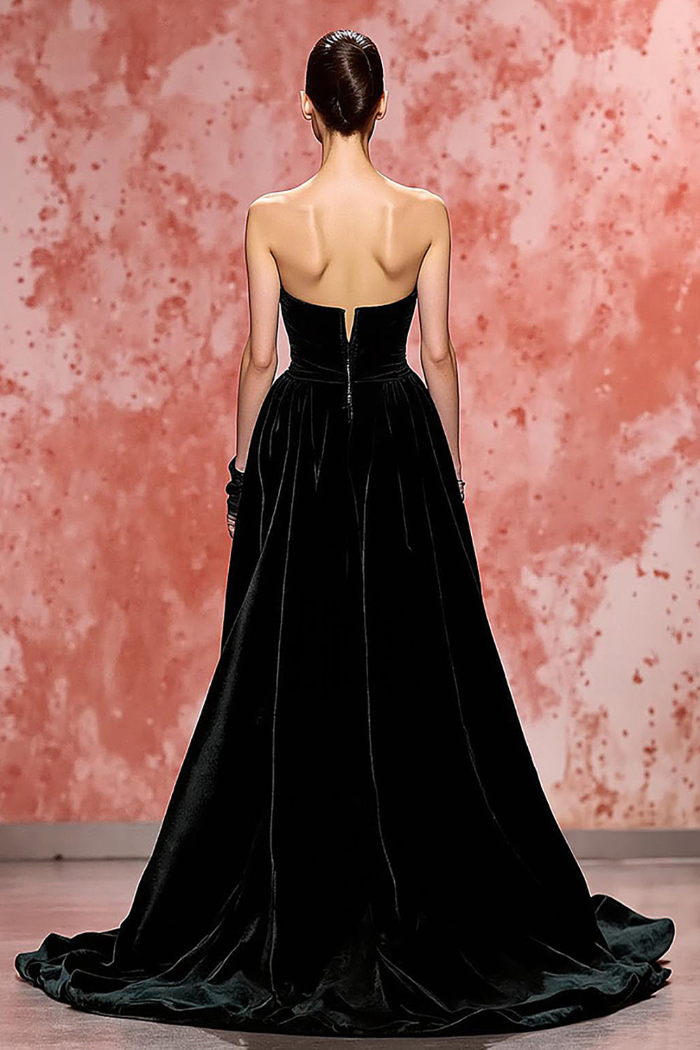 Black Velvet Strapless A Line Long Evening Dress with Slit