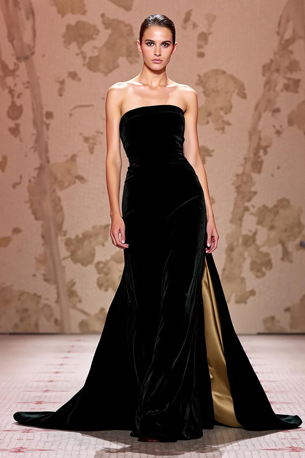 Simple Black Velvet Strapless Long Evening Dress with Slit