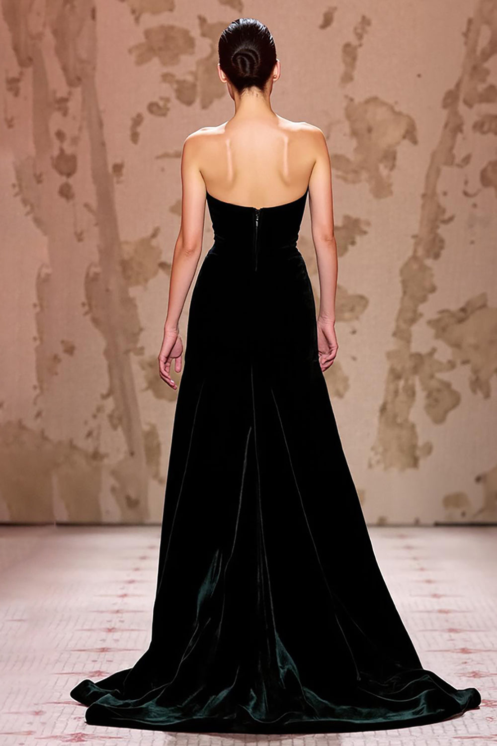 Simple Black Velvet Strapless Long Evening Dress with Slit