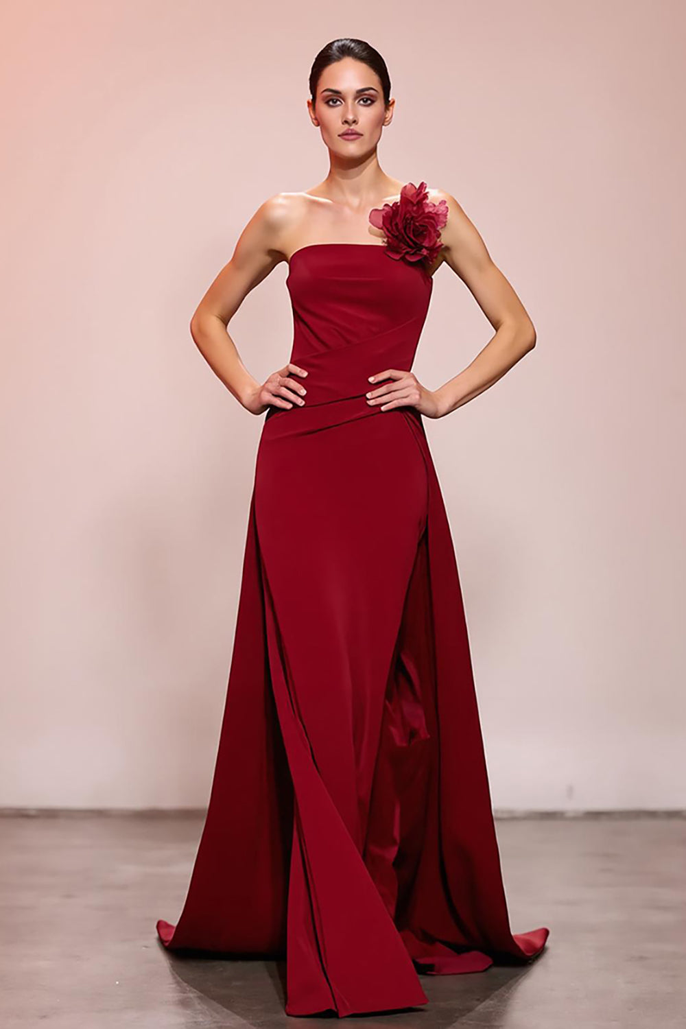 Red Floral Strapless Sheath Satin Ruched Long Evening Dress