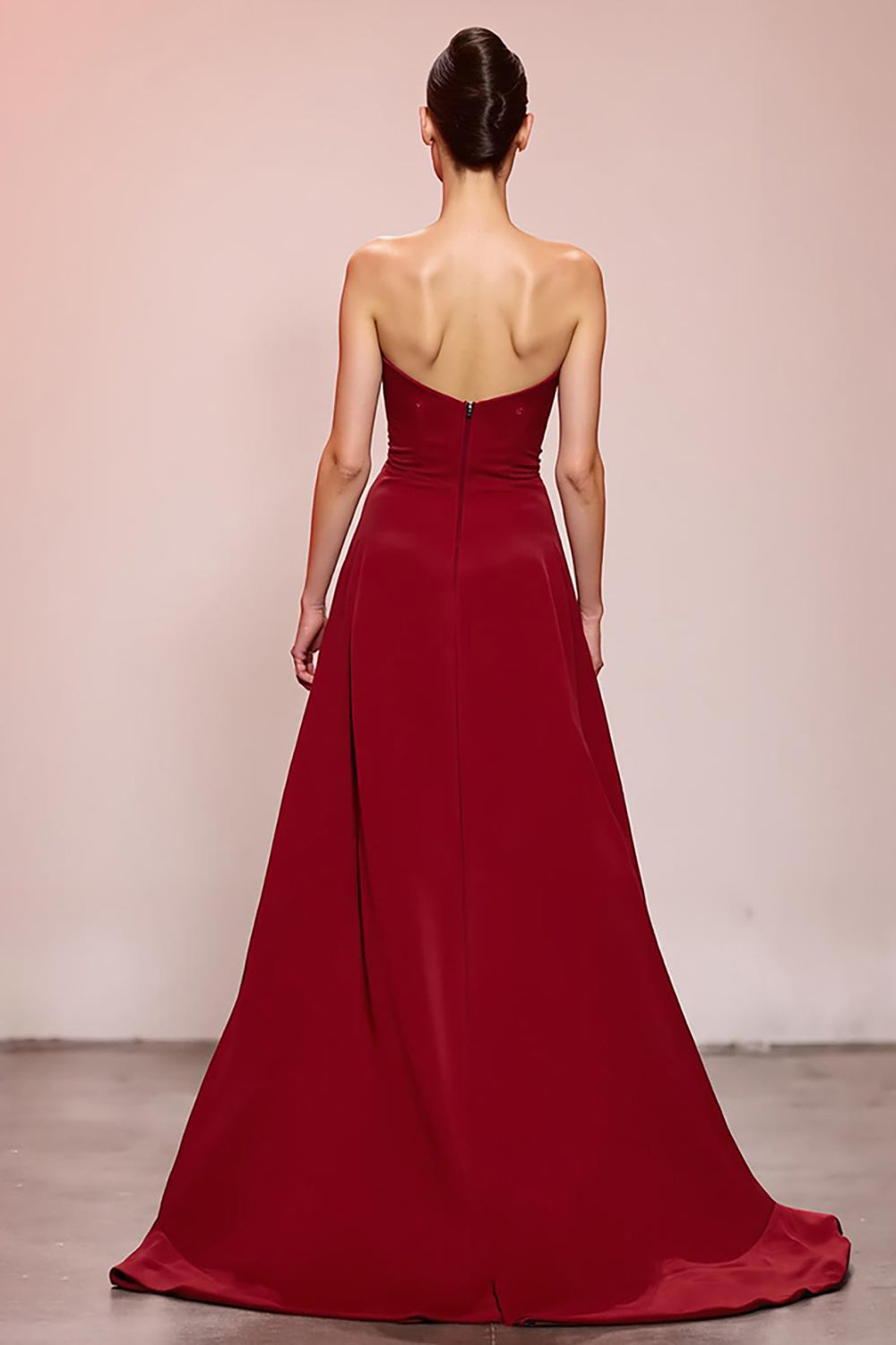 Red Floral Strapless Sheath Satin Ruched Long Evening Dress