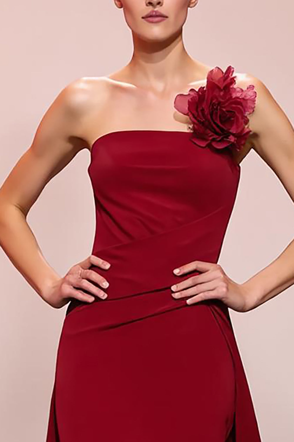 Red Floral Strapless Sheath Satin Ruched Long Evening Dress