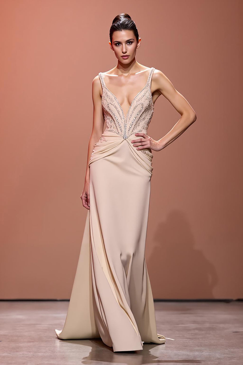 Sparkly Champagne Sheath Ruched Deep V-Neck Long Evening Dress
