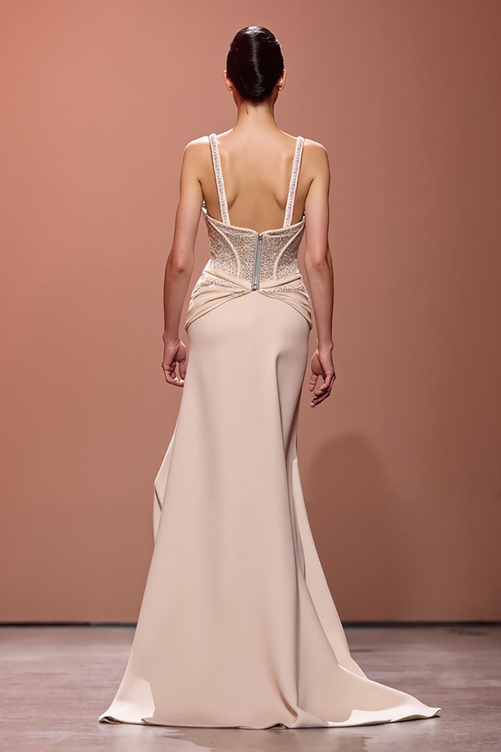 Sparkly Champagne Sheath Ruched Deep V-Neck Long Evening Dress