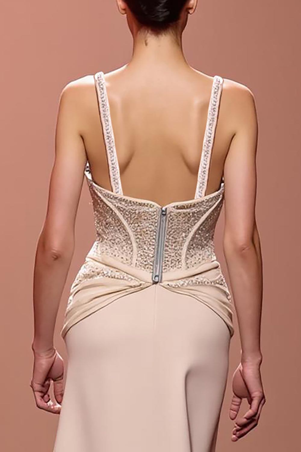 Sparkly Champagne Sheath Ruched Deep V-Neck Long Evening Dress