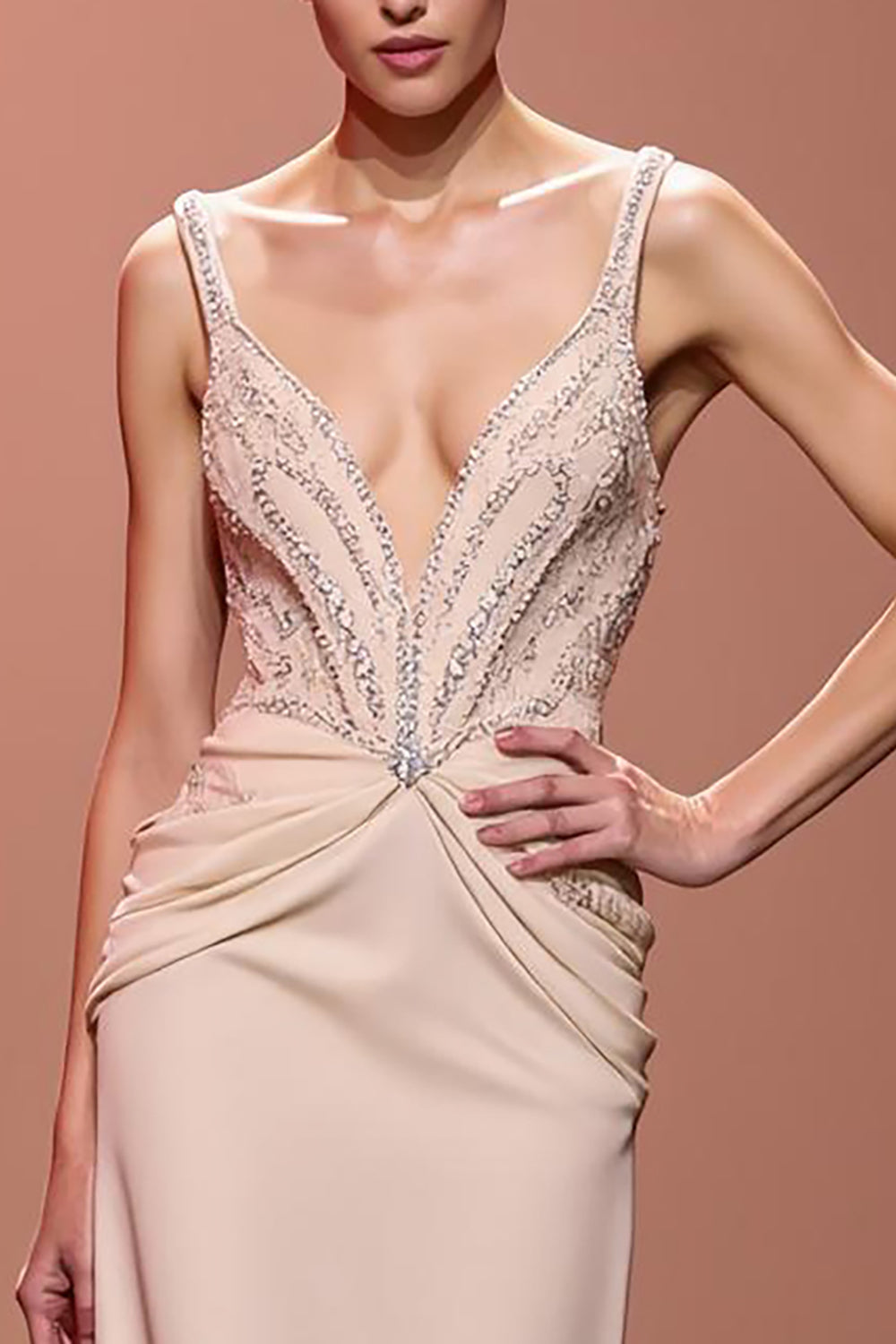 Sparkly Champagne Sheath Ruched Deep V-Neck Long Evening Dress