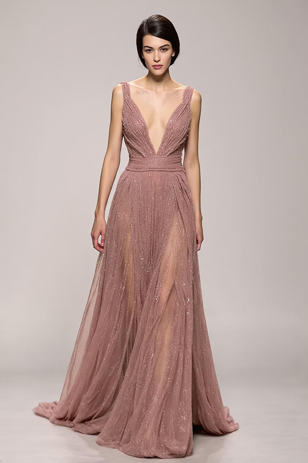 Sparkly Pink Ruched Deep V-Neck Long Evening Dress