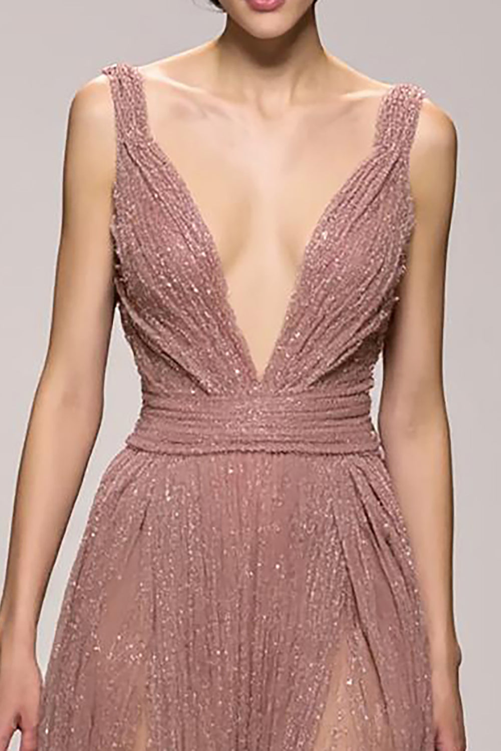 Sparkly Pink Ruched Deep V-Neck Long Evening Dress