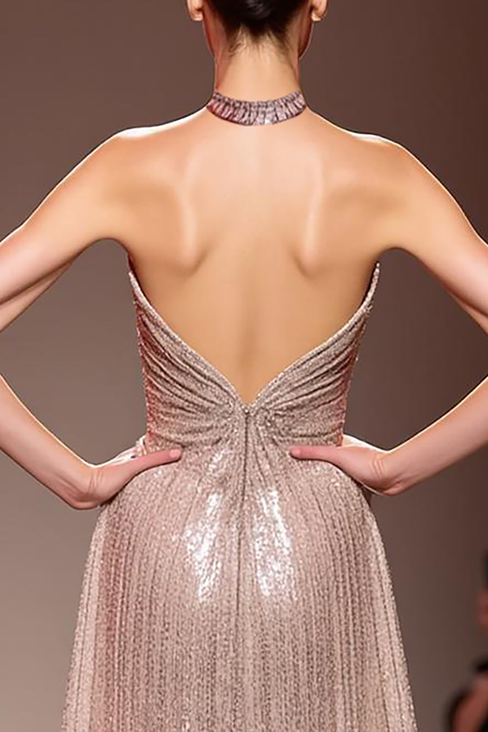 Sparkly Champagne Halter Sequin Backless Long Evening Dress