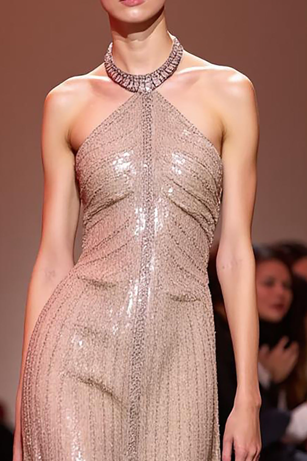Sparkly Champagne Halter Sequin Backless Long Evening Dress