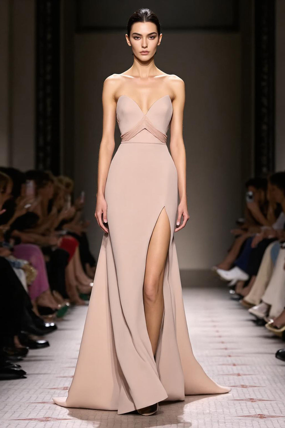 Simple Champagne Strapless Sheath Satin Long Evening Dress with Slit
